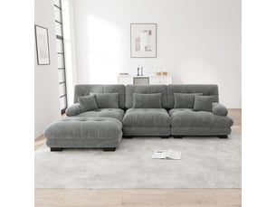 Canapé d'angle, avec couchage d'appoint, avec pouf, en velours côtelé, coloris gris, l313 x p145 x h81 cm, pour salon