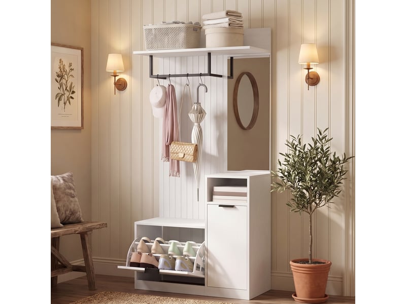  Meuble d'entrée porte-manteau 6 en 1 blanc effet bois  - Conforama E