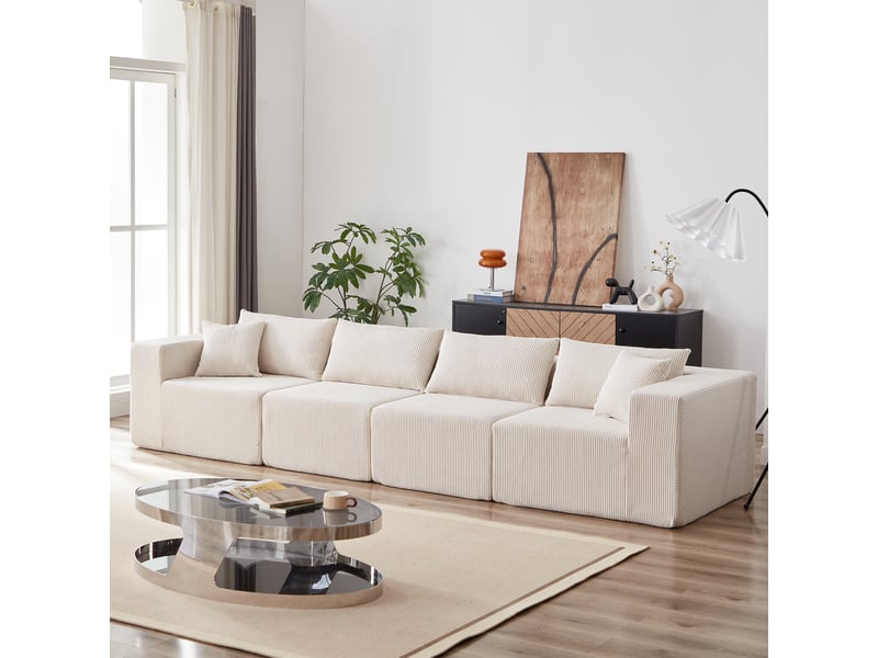  Canapé d'angle modulaire en velours côtelé beige 4 pièces 264x167x71 cm, combinaison libre et sans montage.  - Conforama B