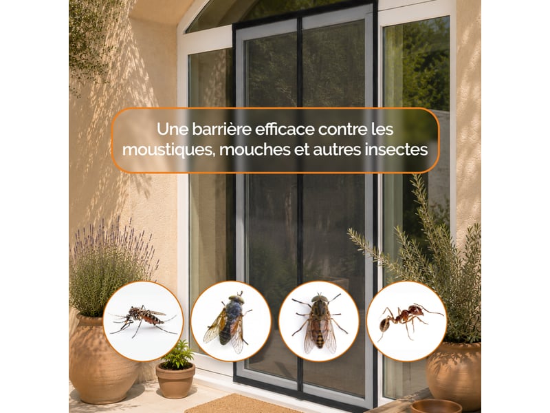 Moustiquaire aimantée pour porte fenêtre, fixation avec bande adhésive sans perçage, maille fine - 120 x 210 cm - noir - Conforama D