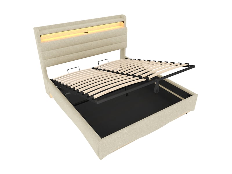  Lit capitonné, 140 x 200 cm, sans matelas, avec éclairage led, mécanisme hydraulique, ports usb et type-c, compartiment de rangement, étagères, revêtement en lin, beige  - Conforama E