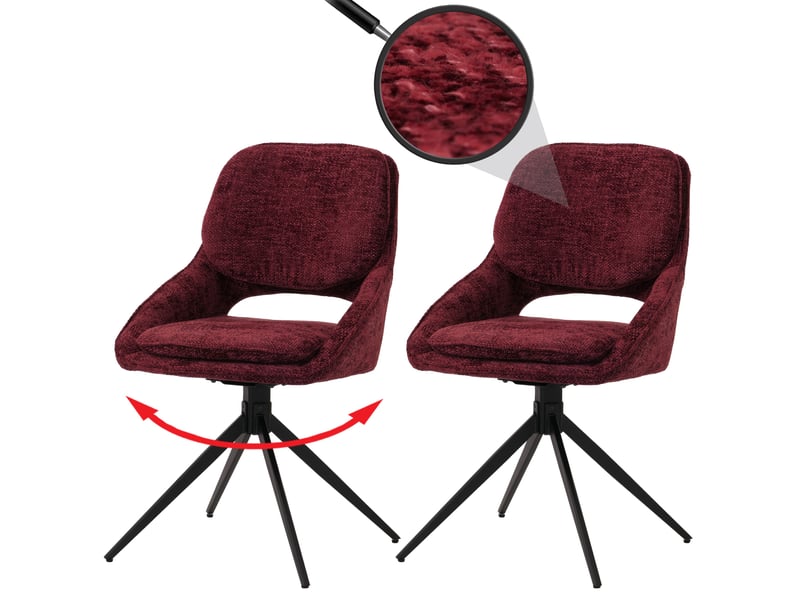  Lot de 2 chaises de salle à manger pivotantes à 180° avec retour automatique assise rembourrée et protections de sol réglables tissu chenille bordeaux et fer 04_0009908  - Conforama B