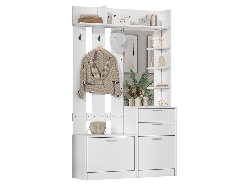  Meuble d’entrée blanc 110 × 34 × 185 cm en panneau de fibres, deux tiroirs de rangement, style moderne  - Conforama A