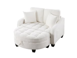 Canapé convertible 2 en 1 beige avec pouf coffre, tissu respirant et bois d’eucalyptus