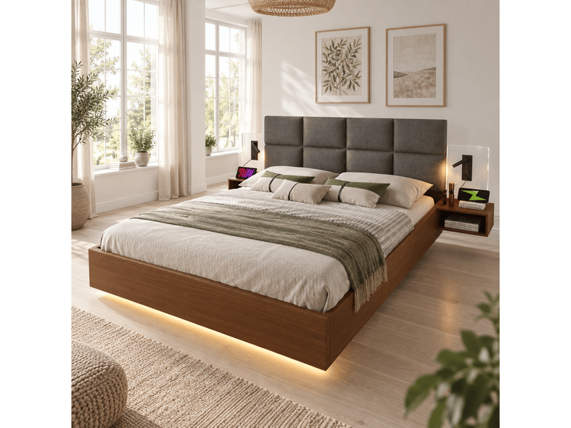  Lit 160 × 200 cm effet noyer avec chevets, liseuses, usb-c et led Fay Lum - Conforama D