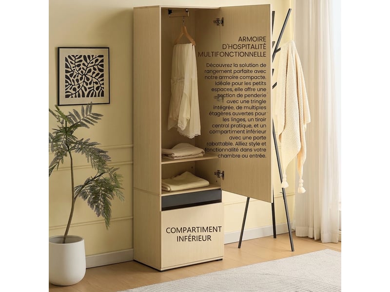  Armoire penderie étroite vestiaire d'entrée avec miroir et tringle extensible, bois clair  - Conforama D