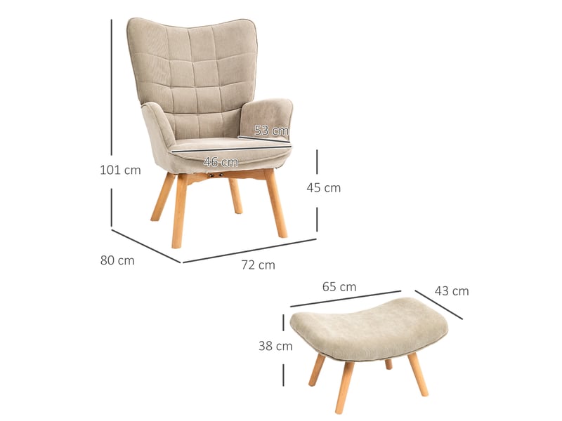  Fauteuil avec pouf assorti, dossier capitonné et patins réglables, pieds en bois de hêtre et polyester kaki  - Conforama C