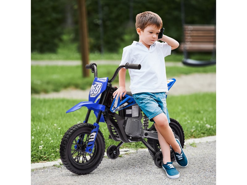  Moto électrique 12v pour enfants de 3 à 6 ans, avec 2 moteurs, suspension arrière, stabilisateurs amovibles et musique. Couleur : bleue.  - Conforama C