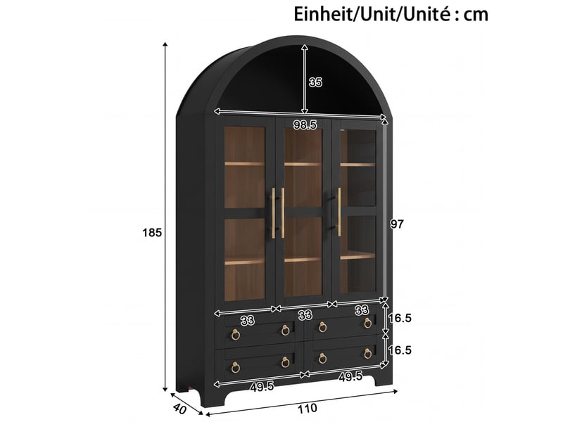  Buffet haut noir avec 3 portes vitrées, 4 tiroirs et niche ouverte en arche, poignées en aluminium  - Conforama C