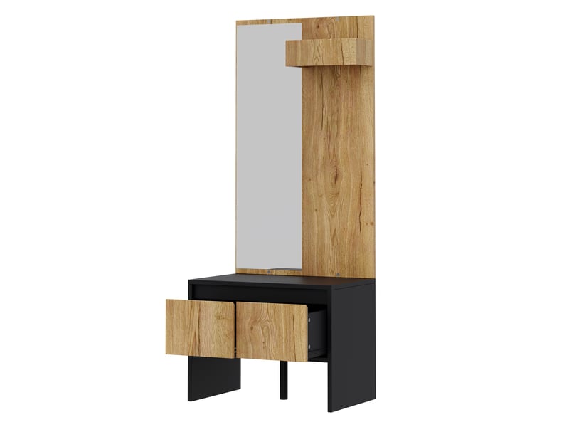 Meuble d'entrée avec miroir, porte-manteaux, banc à chaussures et 2 tiroirs en panneau de particules noir et naturel  - Conforama A