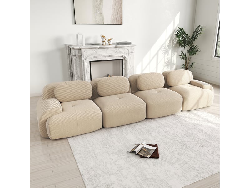 Canapé d'angle modulable 4 places en velours côtelé beige, livré sans montage pour salon, chambre ou bureau - Conforama E