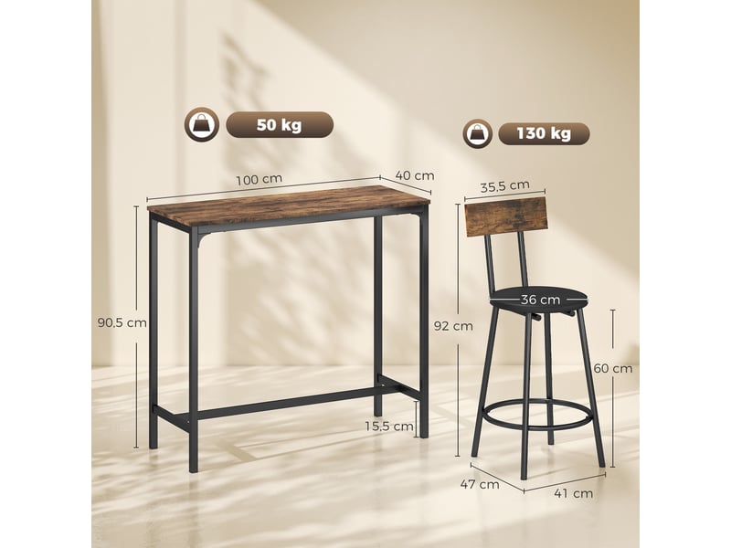  Ensemble table de bar avec 2 tabourets, table haute de cuisine et 2 chaises de bar rembourrées pu, repose-pieds, marron  - Conforama E