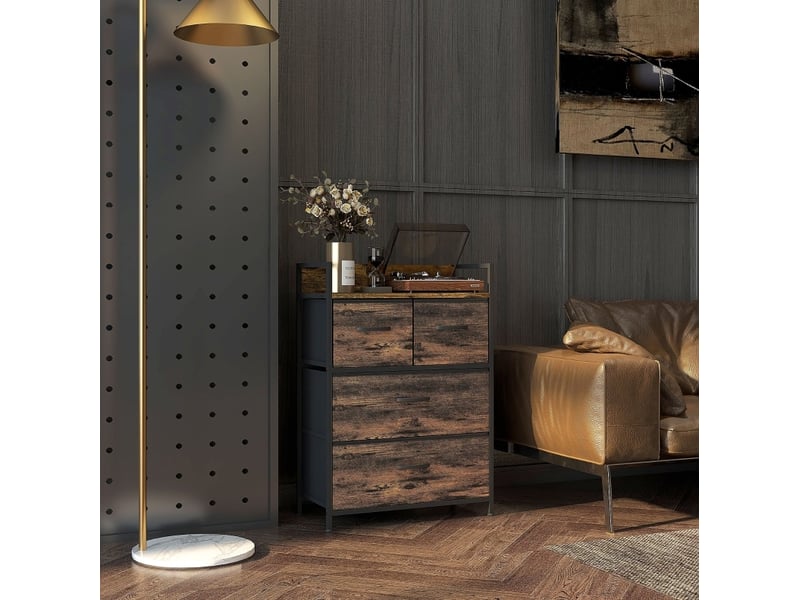 Commode avec 4 tiroirs pliables et plateau de rangement, style industriel, pour salon, marron rustique, 60 × 29 × 85 cm - Conforama B