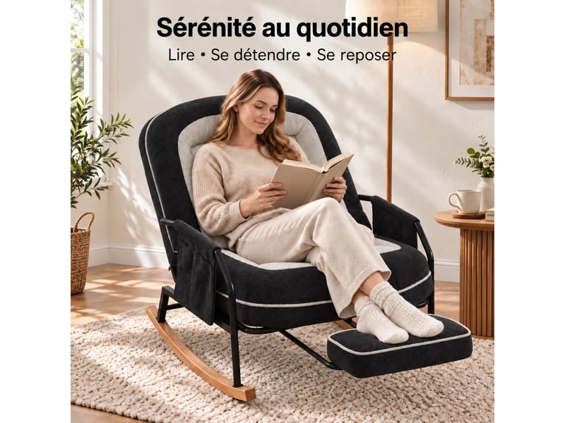  Fauteuil à bascule moderne avec dossier inclinable 100°-160°, repose-pieds escamotable, coussin en fausse fourrure de lapin,noir  - Conforama B
