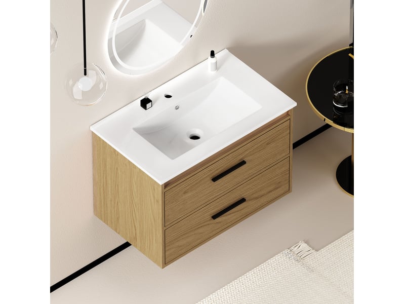  Armoire de salle de bain avec 2 tiroirs à fermeture silencieuse, rangement en mdf et céramique, chêne clair, 75 cm  - Conforama D