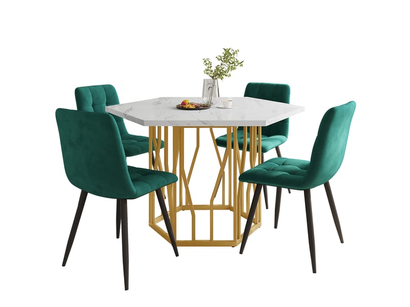  Ensemble repas 5 pièces avec 4 chaises en velours vert, table hexagonale effet marbre blanc et piètement doré, 115,5 x 100 cm  - Conforama B