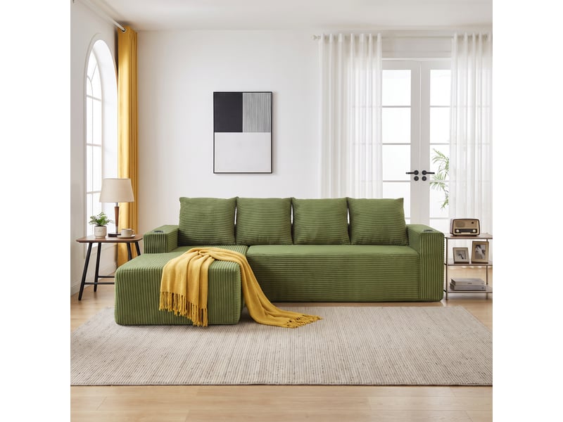 Canapé d’angle modulable 4 places en l, méridienne droite, porte-gobelets, poches de rangement, velours côtelé vert, sans montage, 261 x 168 x 58 cm - Conforama C