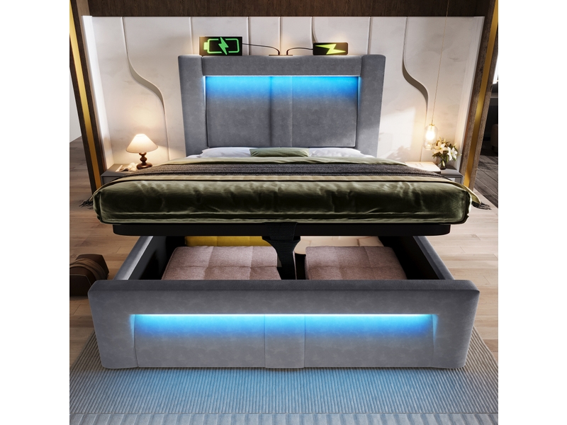 Lit coffre enfant 90x200cm rangement led prises usb type-c recharge rapide tête incurvée velours gris sans matelas - Conforama W