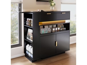 Ilot central cuisine extensible avec rangement, table de bar pivotante à 360° avec éclairage led, meuble de cuisine en bois mdf, noir