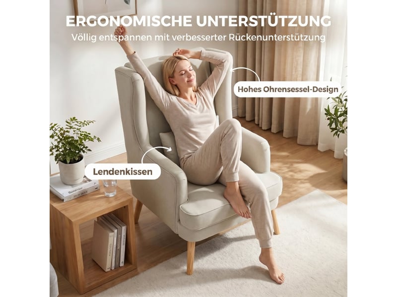  Fauteuil à dossier haut avec coussin lombaire, assise large rembourrée en tissu aspect lin beige, 91 × 80 × 51 cm  - Conforama E