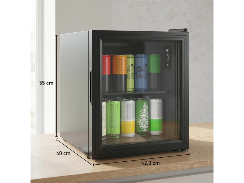 Réfrigérateur à boissons 46l 59 canettes, noir, mini frigo silencieux pose libre avec porte en verre trempé double - Conforama C