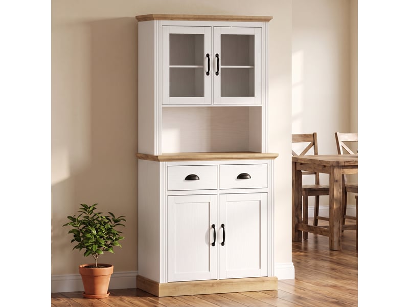  Buffet haut cuisine, armoire cuisine, 4 portes dont 2 en verre, 2 tiroirs, étagères réglables, plan de travail, blanc  - Conforama D