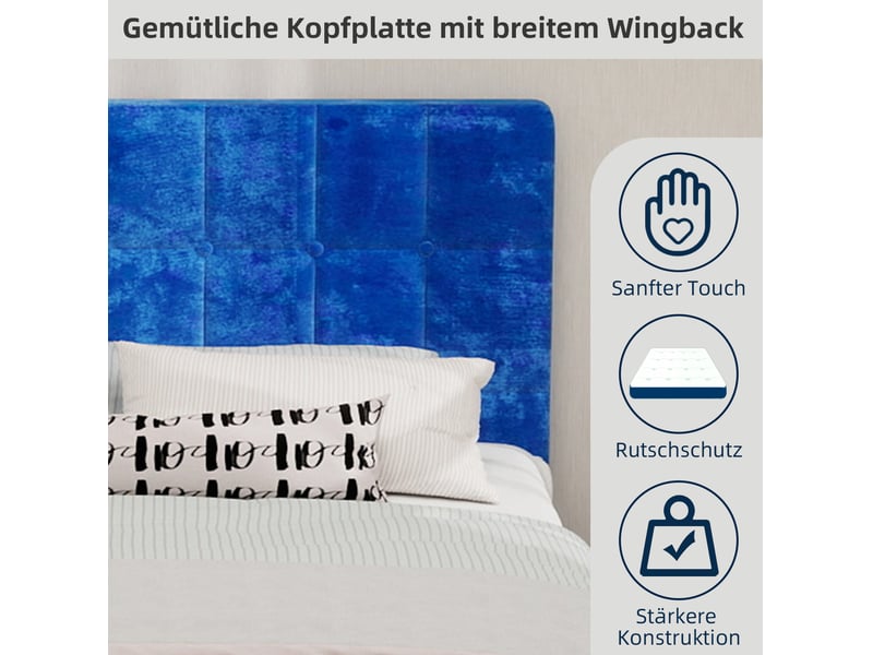  Lit double 140x200 cm avec matelas compatible, tête de lit capitonnée, cadre rembourré, velours bleu marine  - Conforama E