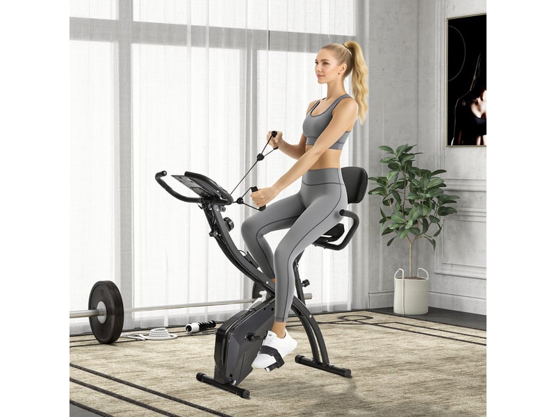  Vélo pliable 2 en 1, 8 résistances, silencieux, cardio, brassards, écran lcd, volant 2,5 kg, noir.  - Conforama C
