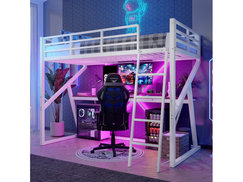  Lit mezzanine enfant 90 x 200 cm bureau intégré led multicolore garde-corps échelle métal et mdf blanc sans matelas  - Conforama D