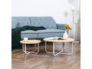 Ensemble de deux tables basses avec plateau en bois et pieds en métal, tailles 65x32 cm et 45x26 cm, finition naturelle et blanche