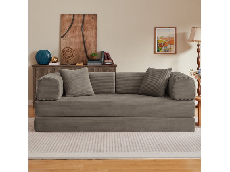 Canapé droit convertible 3 places en velours côtelé taupe, structure acier chromé, 2 coussins, pour salon - Conforama B