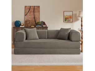 Canapé droit convertible 3 places en velours côtelé taupe, structure acier chromé, 2 coussins, pour salon