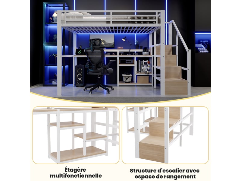  Lit mezzanine 2 personnes 140x200cm avec escalier rangement, prises usbtype-c, étagère et led, métal blanc evarich - Conforama D