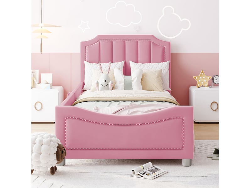  Lit enfant tcqpz 90 x 200 cm convertible en canapé en flanelle rose avec dossier et accoudoirs  - Conforama D