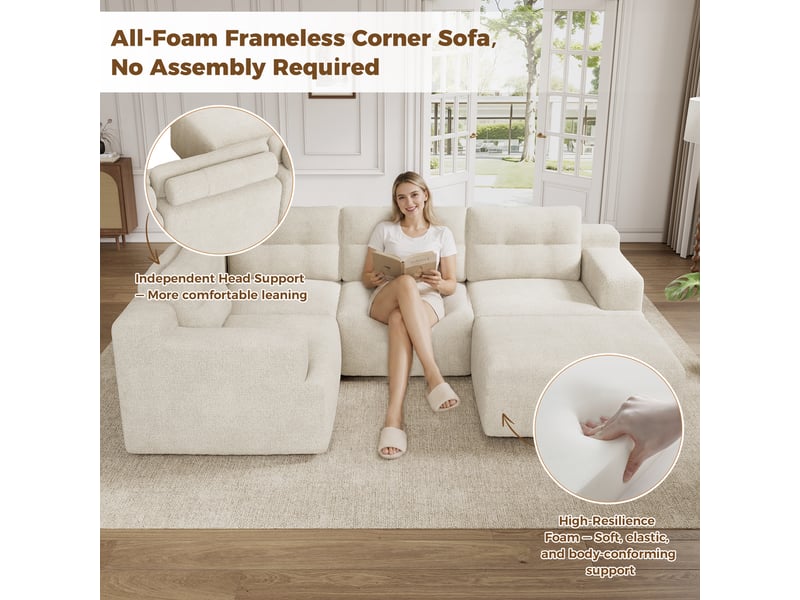  Canapé modulable 5 places en chenille beige, canapé d'angle en mousse sans structure avec pouf pour aménagement de salon et chambre  - Conforama B