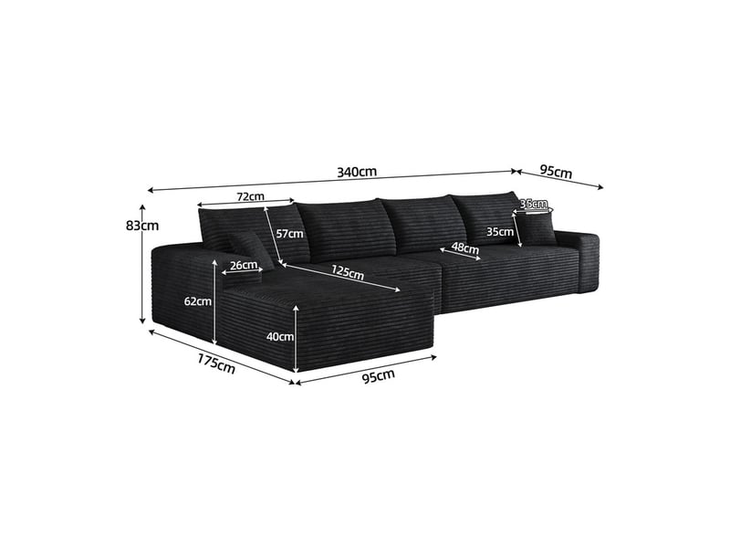 Canapé d'angle modulaire ,4 places, avec méridienne en l, assise profonde ,aucun assemblage requis,340 × 175 ×83cm, noir - Conforama C