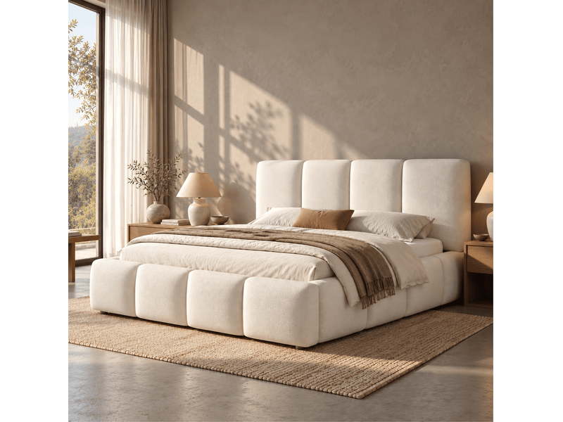  Lit double 180 x 200 cm avec rangement hydraulique et sommier à lattes blanc bouclé  - Conforama C