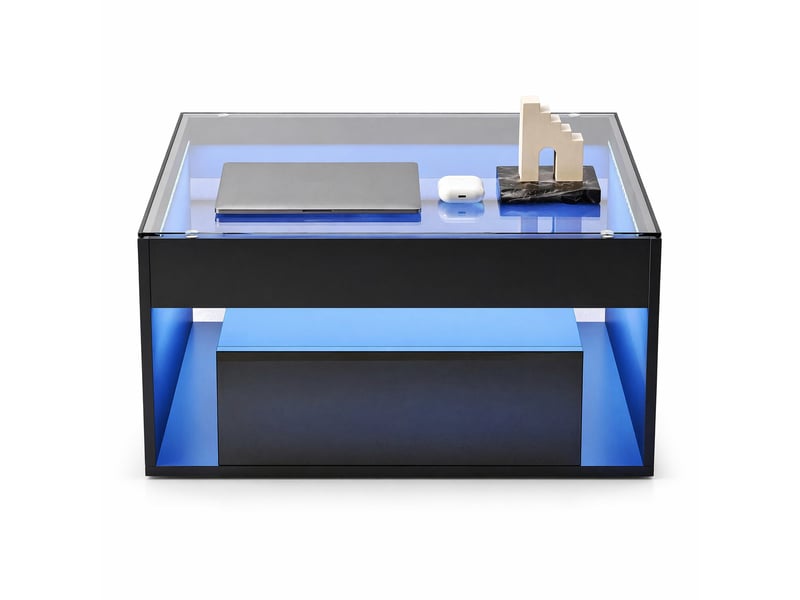  Table basse carrée 70 x 70 cm, 2 tiroirs, led et plateau en verre trempé noir  - Conforama A