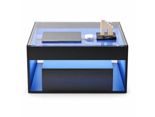 Table basse carrée 70 x 70 cm, 2 tiroirs, led et plateau en verre trempé noir