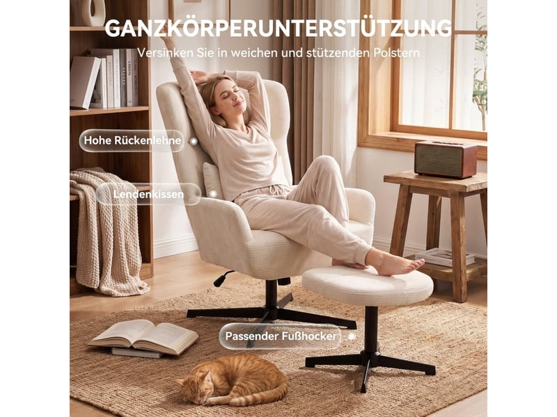  Fauteuil de salon - fauteuil lounge pivotant à 360° avec repose-pieds, réglable en hauteur, revêtement en chenille, crème  - Conforama E