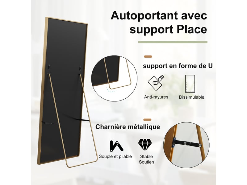 Miroir sur pied 177x77 cm,miroir de sol, grand miroir mural,cadre en aluminium ,verre trempé ,pour salon,chambre,doré - Conforama W