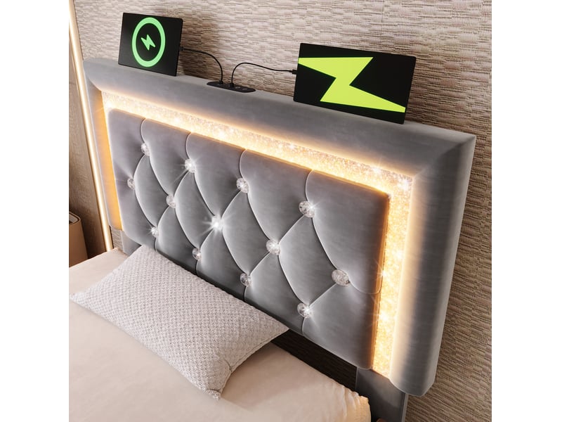  Lit coffre, 90x200 cm, coffre de rangement, avec led intégrée, usb et type c, matelas inclus, velours, coloris gris  - Conforama E