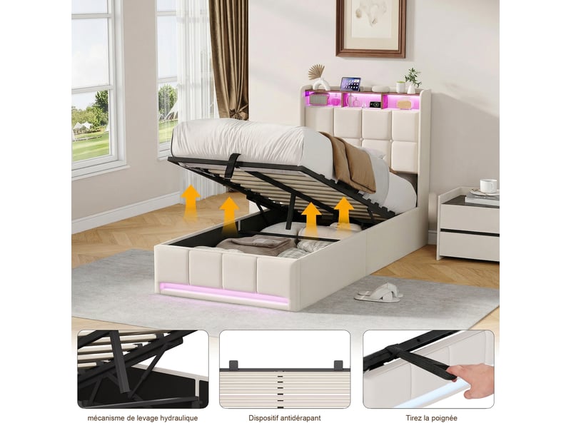  Lit enfant coffre 90x200 cm avec rangements, lit simple, tête de lit à ailes avec niche intégrée, tissu lin beige, sans matelas  - Conforama W