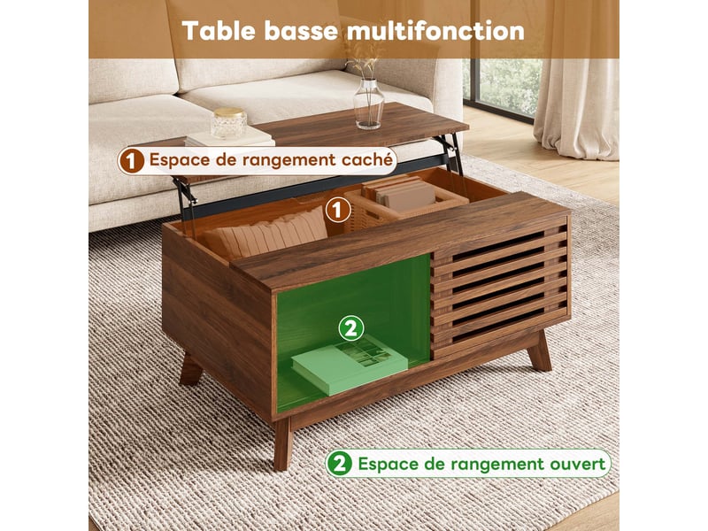  Table basse 90x55x57,5 cm, plateau relevable, grand rangement, porte coulissante, style vintage pour salon et séjour - noyer  - Conforama E