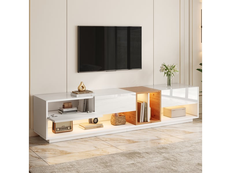  Meuble tv avec portes et niches ouvertes, 190 x 38 x 42 cm, éclairage led et finition brillante, panneaux de particules, blanc Morn Vibe - Conforama D