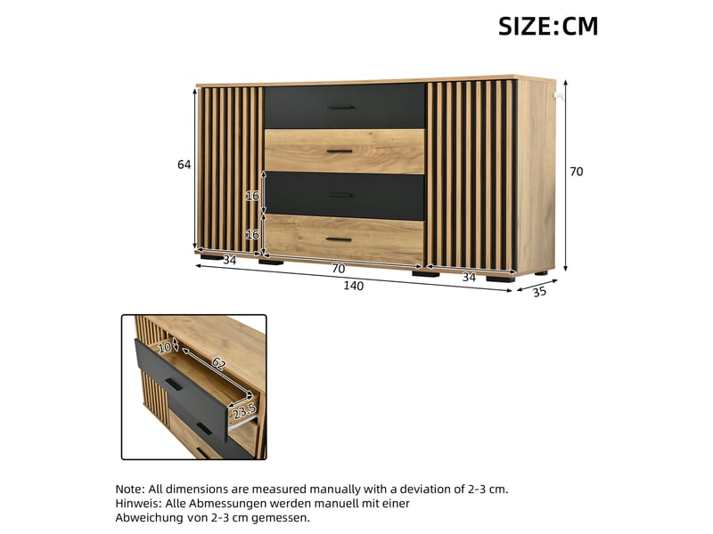  Buffet bas 140x35x70 cm, avec 2 portes, 4 tiroirs, étagères réglables, rainures verticales, mdf noir, rangement salon  - Conforama C