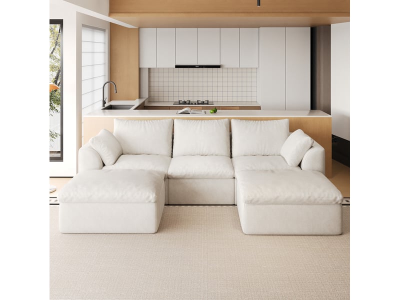 Canapé panoramique en u 5 places en tissu lin blanc beige, 245x155x83 cm - Conforama B