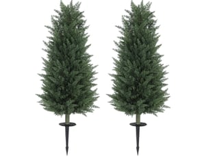 Lot de 2 cyprès artificiels verts avec piquets de sol, 100 cm, feuillage réaliste pour intérieur et extérieur