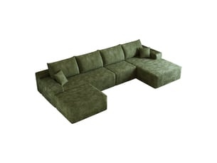 Canapé d'angle modulable 340 cm avec méridienne en l, canapé 5 places vert en velours côtelé, assise profonde
