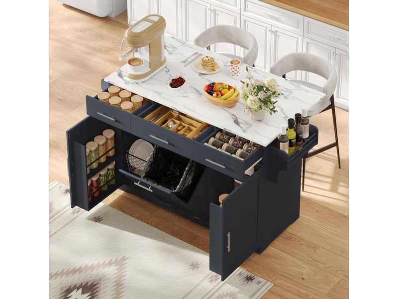 Îlot de cuisine mobile avec plateau rabattable, 3 tiroirs, rangements et meuble poubelle, 136 x 75 x 92 cm evryae - Conforama B